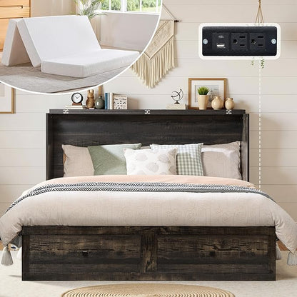 LUXOAK Queen Murphy Bed with 6" White Tri-Fold Memory Foam Mattress, Storage Drawer & Charging Station, Space-Saving Design for Home Office or Guest Room, Black Oak