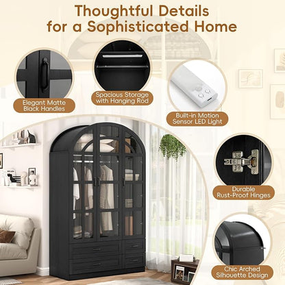 Squireewo 78" Arched Armoire Wardrobe Closet with Motion Sensor LED Light, 3 Windowpane Glass Doors & 4 Drawers, Large Wood Bedroom Storage Cabinet, Clothing Organizer with Hanging Rod, Black