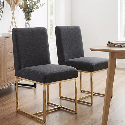 HNY Modern Dining Chairs Set of 2, Upholstered Linen Dining Room Chairs with Ergonomic Back & Polished Gold Metal Frame for Home, Kitchen, Apartment, Charcoal Black
