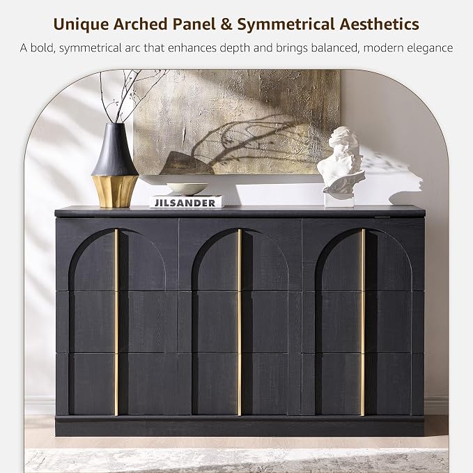 ACCOHOHO Arched Dresser for Bedroom with 9 Drawers, 52" Wide Modern Chest of Drawers with Rounded Edge & Metal Handles, Wood Storage Closet Dressers TV Stand for Living Room, Hallway, Black