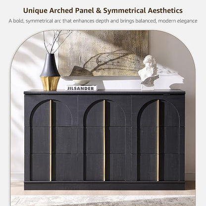 ACCOHOHO Arched Dresser for Bedroom with 9 Drawers, 52" Wide Modern Chest of Drawers with Rounded Edge & Metal Handles, Wood Storage Closet Dressers TV Stand for Living Room, Hallway, Black