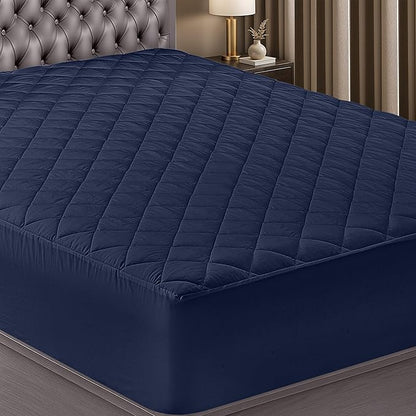 Quilted Fitted Mattress Pad, Full Mattress Protector Topper with Deep Pocket Stretches up to 16 Inches, Machine Washable Mattress Cover by Utopia Bedding (Navy)