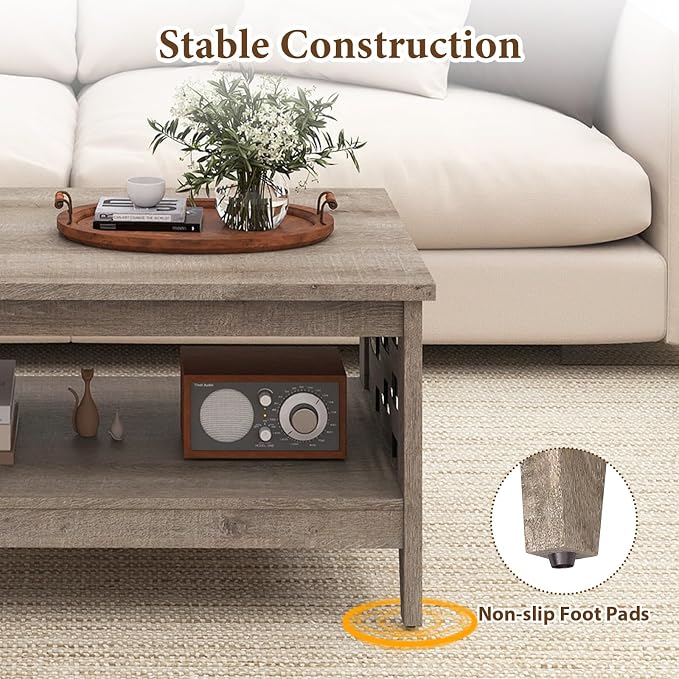 Giantex Farmhouse Coffee Table, 2-Tier Center Table with Storage Open Shelf & Woven Slatted Design, 39.5" Rectangular Accent Cocktail Table, Wood Coffee Tables for Living Room (Rustic Oak)