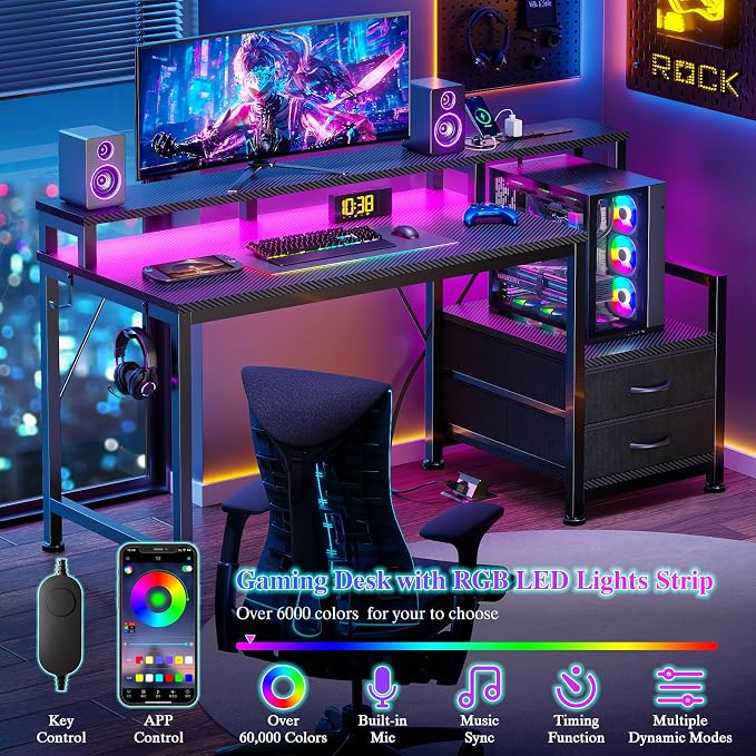 Furologee 47" Gaming Desk with LED Lights & USB-C Port, Reversible Computer Desk with Monitor Stand, Storage Shelves & 2 Fabric Drawers, Gaming Table with Power Outlets & Hooks, Carbon Fiber Black