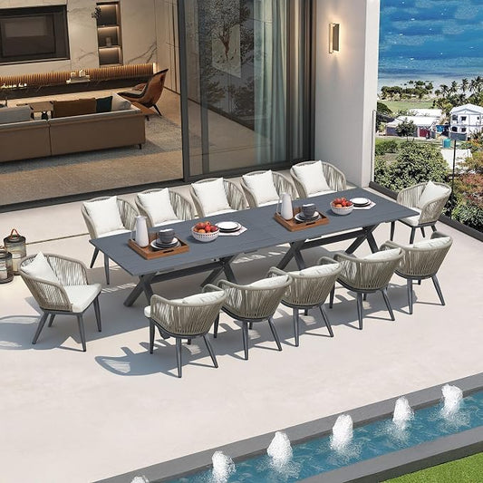 PURPLE LEAF 14 Pieces Patio Dining Set Wicker Outdoor Furniture Rectangular Table and Chairs Set for Garden Deck Aluminum Frame Backyard Kitchen Set, Cushions and Pillows Included Taupe