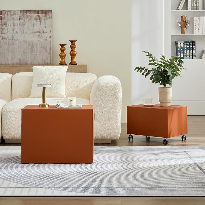 Rolling Modern Coffee Table Set of 2 with Wheels, Leather Square Coffee Table and End Table Sets, Minimalist Center Table, Luxury Wooden Cube Side Table for Living Room Bedroom Apartment,Orange
