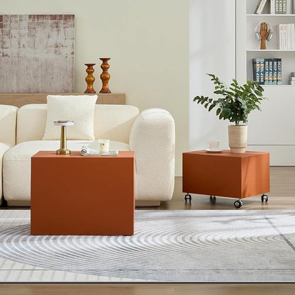 Rolling Modern Coffee Table Set of 2 with Wheels, Leather Square Coffee Table and End Table Sets, Minimalist Center Table, Luxury Wooden Cube Side Table for Living Room Bedroom Apartment,Orange