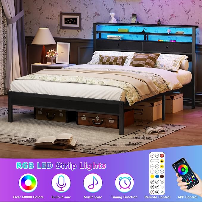 Furnulem Queen Bed Frame with Headboard & 2 Fabric Drawers, Queen Platform Bed Featuring LED Lights, 3-Tier Storage Shelves Built-in Charging Station, Metal Slats, No Box Spring Needed, Easy Assembly