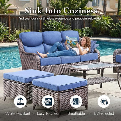 Belord Luxury 6" Thick Cushioned PE Wicker 3-Seater Outdoor Couch, All-Weather Comfortable Modern Patio Sofa, High Back Deep Seat Woven Outdoor Furniture for Porch Balcony, Lawn, Deck - BrownBlue