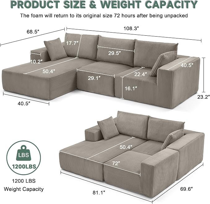 108” Modular Sectional Sofa, Cloud Sectional Couch with Deep Seat, Boneless Couches for Living Room Bedroom, Modern Modular L-Shape Sofa Couch with Chaise (LightGray, Left Facing Chaise)