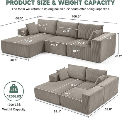 108” Modular Sectional Sofa, Cloud Sectional Couch with Deep Seat, Boneless Couches for Living Room Bedroom, Modern Modular L-Shape Sofa Couch with Chaise (LightGray, Left Facing Chaise)
