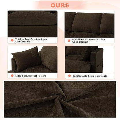 110” Chenille 4-Seats Sofa W/Two Movable Ottomans, Brown | Modern Fabric U-Shaped Couch w/Soft Backrests, Upholstered Sectional Sofa w/Arm Pillows for Living Room, Office