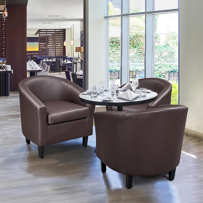 Topeakmart Accent Chair, Modern and Comfy Faux Leather Barrel Upholstered Club Chair with Wooden Legs for Living Room Bedroom, Set of 2, Espresso