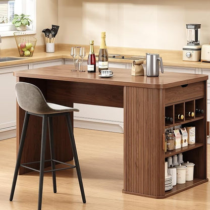 ONBRILL 61 Inch Kitchen Island with Storage, Fluted Counter Height Table, Mid-Century Modern Kitchen Island Table with Sliding Door, Home Bar Tables with Wine Rack and Drawers (Walnut)