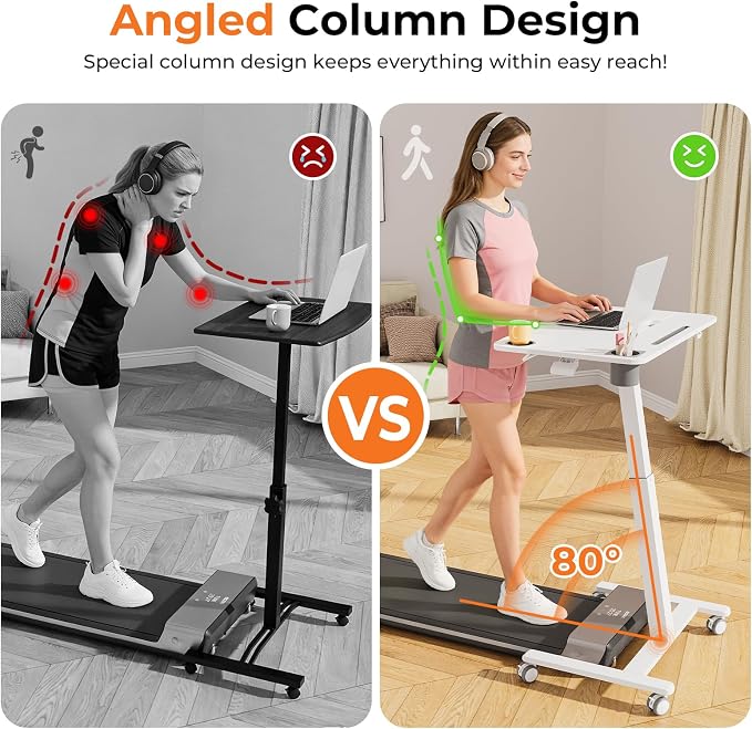 JOY worker Mobile Standing Desk for Treadmill, 31.5" Small Pneumatic Height Adjustable Walking Pad Desk, 40° Foldable Rolling Bike Trainer Stand Table on Wheels with Cup Holder & Towel Rack, White