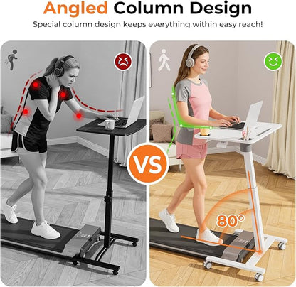 JOY worker Mobile Standing Desk for Treadmill, 31.5" Small Pneumatic Height Adjustable Walking Pad Desk, 40° Foldable Rolling Bike Trainer Stand Table on Wheels with Cup Holder & Towel Rack, White