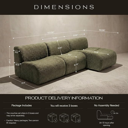 102" Curved Sectional Couch with Chaise Lounge, 3-Seat Reversible L-Shaped Sofa, Deep Seat Sherpa Boneless Modular Couches, Modern Curved Sofas for Living Room – No Assembly, Green