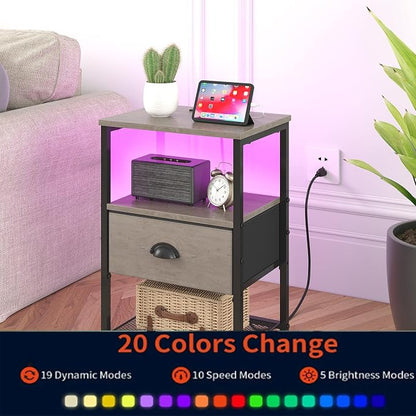 sthmec Nightstands Set of 2, LED Night Stands with Charging Station and Fabric Drawer, Bedside Tables with Drawers, 2- Tier LED Side Table End Table Charging Station Bedroom, Grey