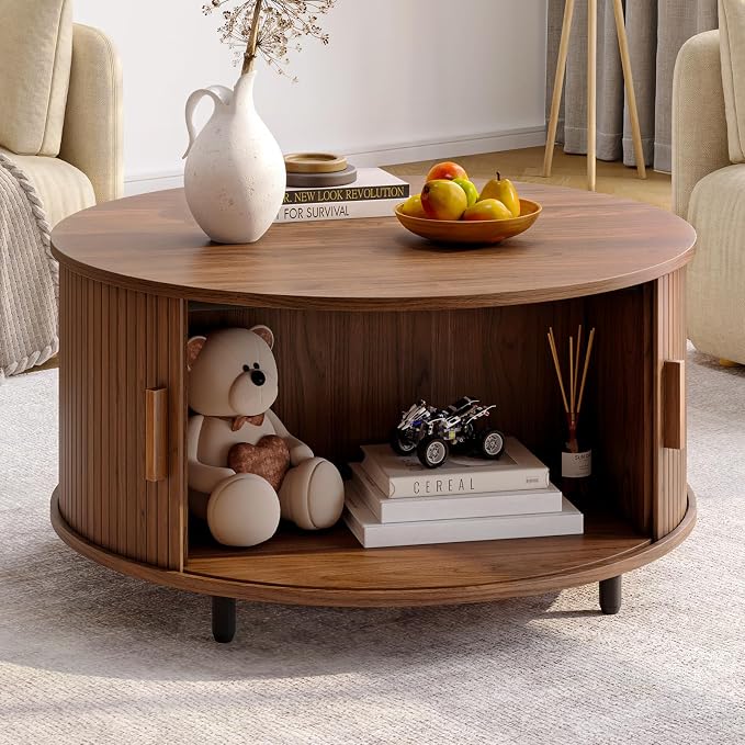 ONBRILL Round Coffee Table with Storage, 31.5" Modern Coffee Table with 360° Curved Sliding Door, Fluted Wood Accent Coffee Table with Adjustable Footpads, Round Center Table for Living Room, Walnut