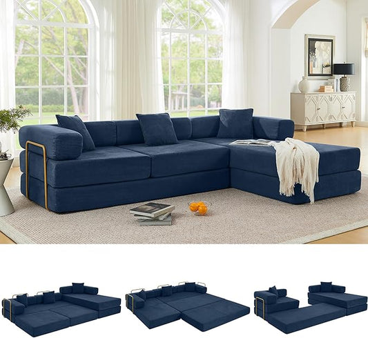 ivoros 108" Oversized Convertible Sleeper Sofa Bed, Corduroy L Shape Sectional Couch, Folding Sofa Bed with Fixed-Shape Frame, Modern Cloud Floor Mattress Couch, Modular Sofa for Living Room, Blue