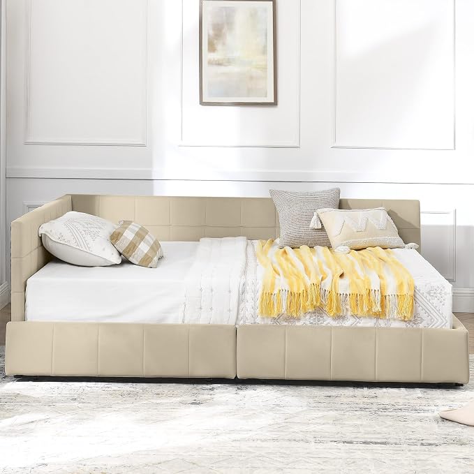 Bellemave Full Size Corner Bed Frame with Storage Drawers, Comfortable Backrest and Armrests, Velvet Tufted Corner Bed Frame Full Size, Upholstered Daybed for Bedroom, Living Room, Guest Room, Beige