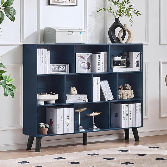 LEYAOYAO 10 Cube Bookshelf, 3 Tier Vintage 55" Wide Bookcase with Legs, Mid-Century Wood Bookshelves Storage, Dark Blue Large Book Case, Freestanding Organizer Display Shelf for Living Room, Office