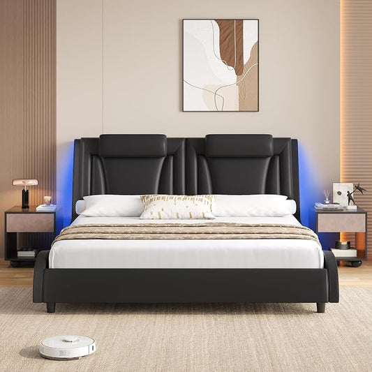 Keyluv Queen Size LED Bed Frame with Adjustable Headboard & Wave-Like Curve Safety Design, PU Leather Upholstered Platform Bed, Solid Wooden Slats Support, Easy Assembly, Black