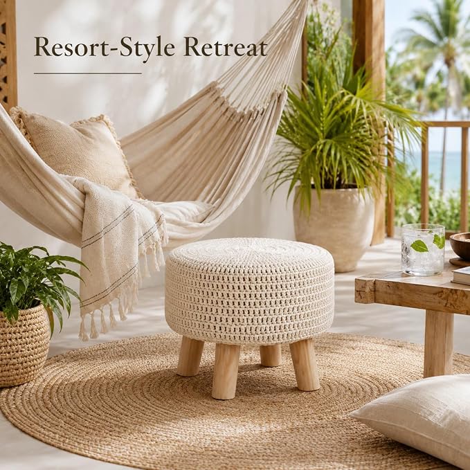 Wimarsbon Pouf Ottoman, 100% Cotton Knitted Boho Footstool, Round Footrest with Non-Skid Wood Legs, Home Décor Handmade Pouffe, Leisure Floor Step Stool for Living Room (Beige)