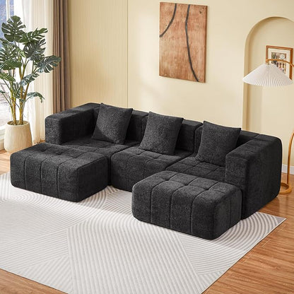 Modular Sectional Sofa with Deep Seat, 98'' Boneless Cloud Couch No Assembly Required, Modern Plush Corduroy Cloud Couches for Living Room & Apartment (3 Seat w/ 2 Ottoman), Black