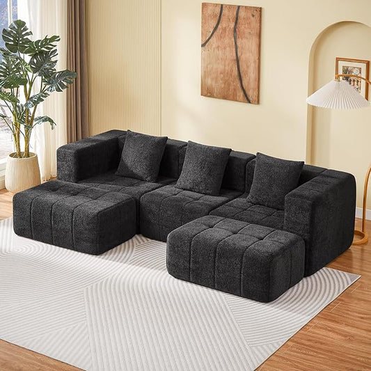 Modular Sectional Sofa with Deep Seat, 98'' Boneless Cloud Couch No Assembly Required, Modern Plush Corduroy Cloud Couches for Living Room & Apartment (3 Seat w/ 2 Ottoman), Black