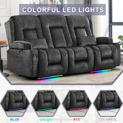 URRED Power Loveseat Recliner Sofa with Massage and Heat, Wall Hugger Reclining Loveseat with Console, RV Couch Home Theater Seating with LED Lights for Living Room (Brown, 76.8" - 3 Seats)