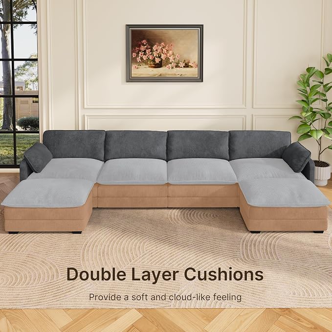 Gizoon 4 Seater Modular Sectional Cloud Sofa with 2 Movable Ottomans U Shaped Corduroy Deep Seat Sofa Couches with Double Layer Upholstered Seat Cushion, Pet-Friendly Fabric, Gray