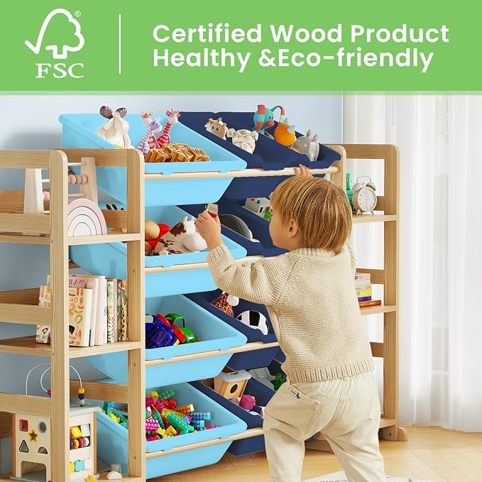 EXPERLAM Extra Large Toy Storage - Toy Storage Organizer, Wooden Toy Organizer with 6 Side Shelves and 12 Bins, 3-in-1 Bookshelf for Kids Rooms, Playroom, Nursery, Blue