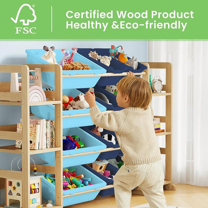 EXPERLAM Extra Large Toy Storage - Toy Storage Organizer, Wooden Toy Organizer with 6 Side Shelves and 12 Bins, 3-in-1 Bookshelf for Kids Rooms, Playroom, Nursery, Blue