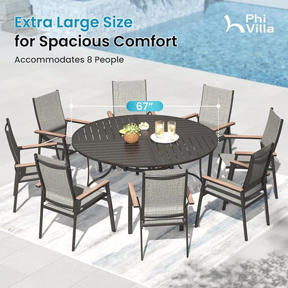 PHI VILLA Outdoor Dining Set for 8, Round Patio Table and Chairs Set, 9 Piece Patio Furniture Set with Metal Table & Lightweight Stackable Chairs for Deck Yard Garden