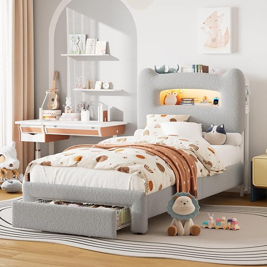 GarveeHome Led Twin Bed Frame for Kids with Drawer, Upholstered Sturdy Platform Bed with Storage Headboard and Charging Station, Noise Free, Easy Assemble, for Girls/Boys, Grey