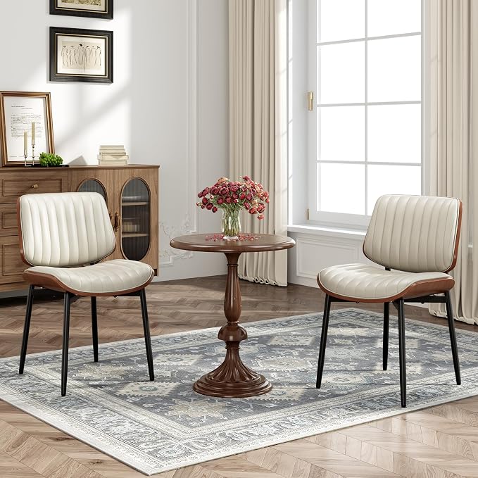 MALOL Leather Dining Chairs Set of 2, Modern Upholstered Dining Room Kitchen Chairs with Metal Legs and Wooden Back Support for Home Dining Room/Restaurant, Beige