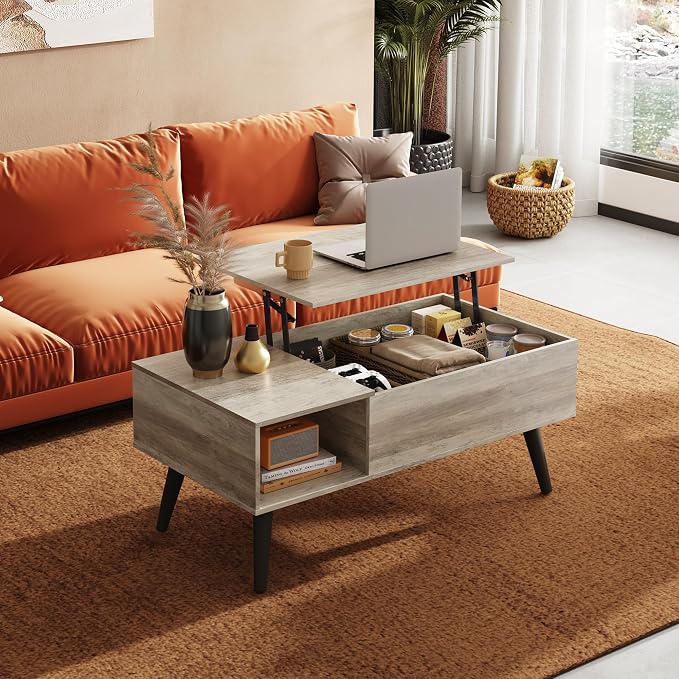 WLIVE Coffee Table for Living Room, Lift Top Coffee Table with Storage, Small Rising Wooden Dining Center Table with Storage Shelf & Hidden Compartment, 39" Greige