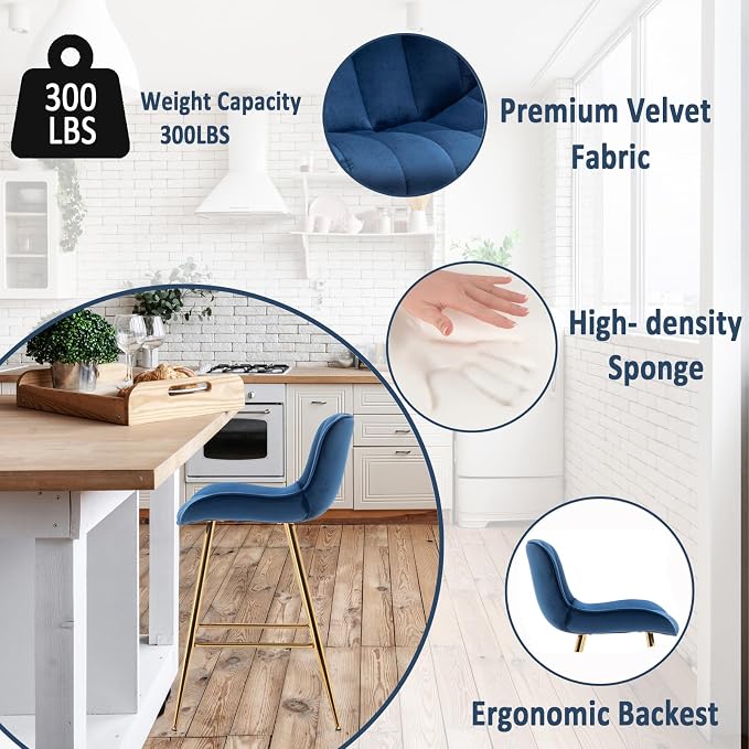 Sidanli Blue Bar Stools Set of 2, 24 Inch Velvet Counter Height Bar Stools with Footrests, Modern Bar Chairs for Home, Kitchen Island, Dining Room