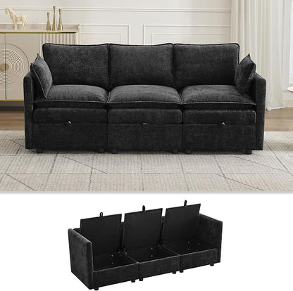 80" Cloud 3 Seater Sectional Modular Couch with Storage, Upholstered Storage Sofa Modern Couch Deep Seat, Chenille Convertible Sofa Comfy Couches with Armrests for Living Room, Small Space, Black