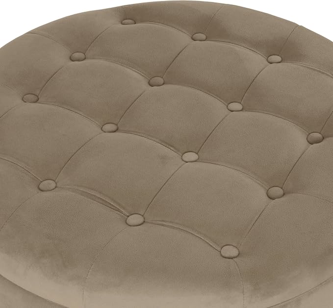 HomePop 28" Button Tufted Velvet Round Storage Ottoman - Fawn Velvet