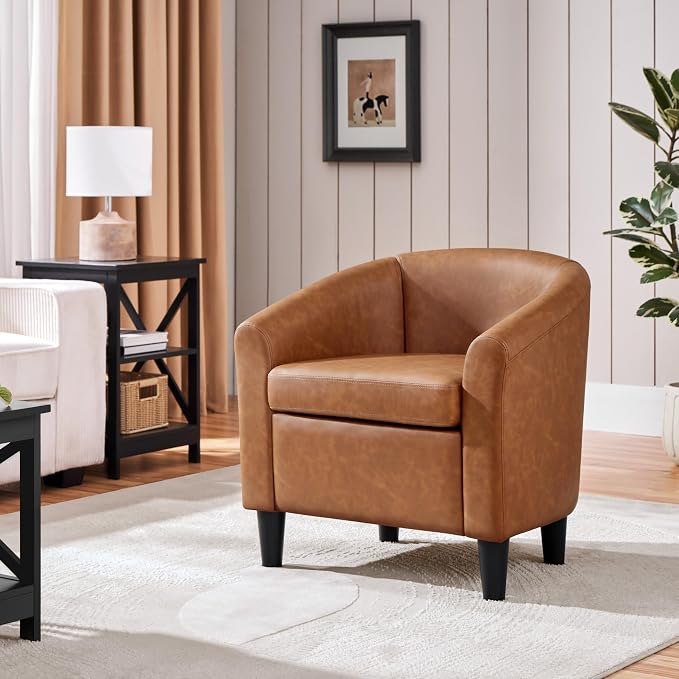 Topeakmart Accent Chair, PU Leather Modern Barrel Chair Club Armchair with Soft Padded for Living Room Bedroom, Brown