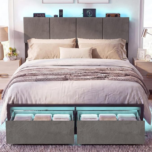 J.Fkne Full Bed Frame with Charging Station and LED Lights, Metal Platform Bed with 2 Storage Drawers, Upholstered Headboard, Noise Free, No Box Spring Needed, Easy Assembly