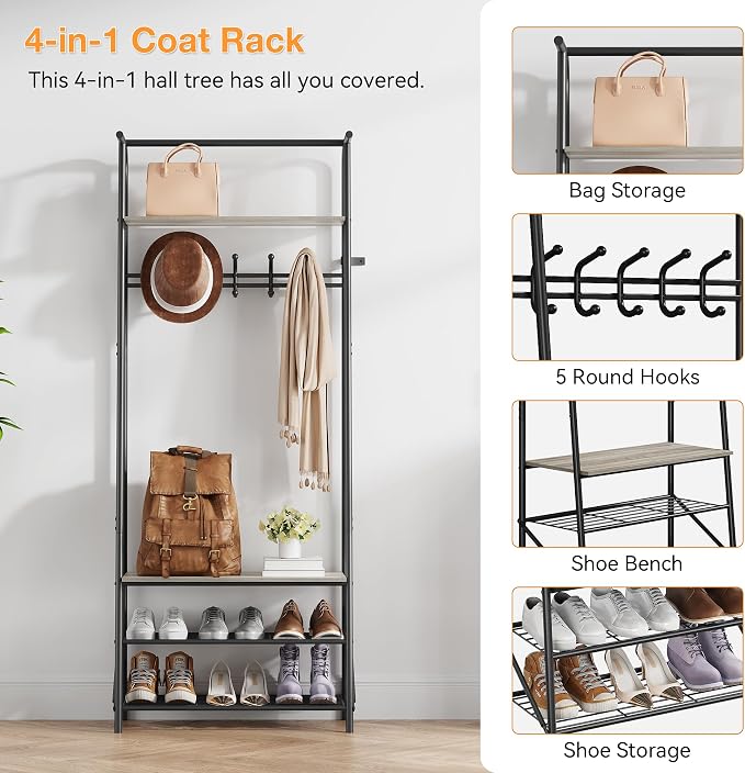 IDEALHOUSE Coat Rack Shoe Bench with 5 Hooks, Hall Trees Entryway Bench with Storage, Wood Look Accent Furniture with Metal Frame for Entryway, Living Room, Bedroom