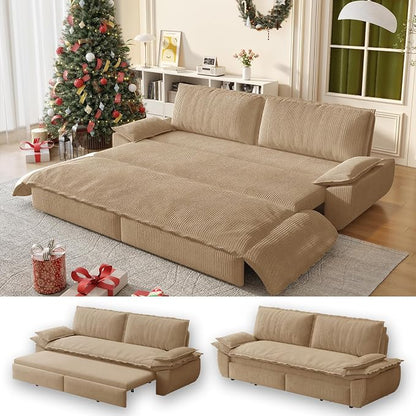 73.2" Sofa Bed Queen Size, Pull Out Couch Bed, 3-in-1 Convertible Sleeper Sofa with Cushion Armrest, Modern Corduroy Futon Couch for Living Room, Small Space, Apartment, Bedroom, Camel