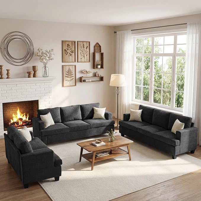 Apicizon Set of 3 Couch Set Loveseat & 3-Seater Sofa, 3 Piece Set Comfy Couch for Living Room, Modern Lounge Sofa Couch for Apartment Lounge, Dark Grey Chenille