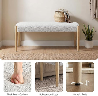 Usaint 42" End of Bed Bench, Modern Upholstered Bedroom Bench with Rubberwood Legs, Entryway Bench with Cushion, Dining Bench for Living Room, Bedroom, Heathered Off-White with Oak Leg