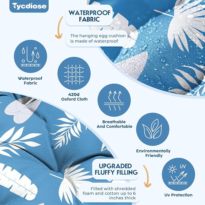 Outdoor Hanging Egg Chair Cushion Replacement, Extra Large Waterproof Egg Swing Cushions with Headrest Pillow and Ties, U-Shaped Thickened Cushion for Hanging Eggs Chair (Blue Leaf)
