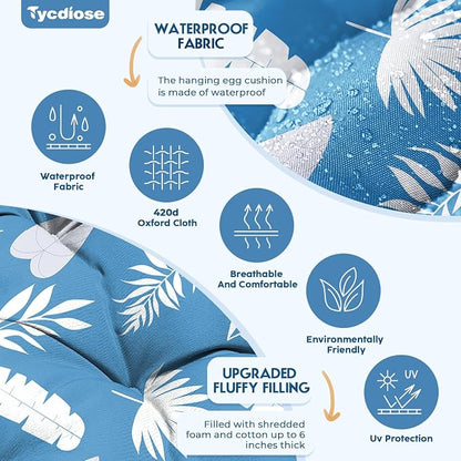 Outdoor Hanging Egg Chair Cushion Replacement, Extra Large Waterproof Egg Swing Cushions with Headrest Pillow and Ties, U-Shaped Thickened Cushion for Hanging Eggs Chair (Blue Leaf)