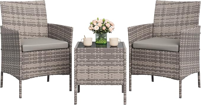 GAOMON 3-Piece Patio Furniture Set, Modern PE Rattan Conversation Set with 2 Chairs & Tempered Glass Coffee Table, All-Weather Outdoor Seating for Garden, Porch, Balcony, Poolside, Grey/Light Grey